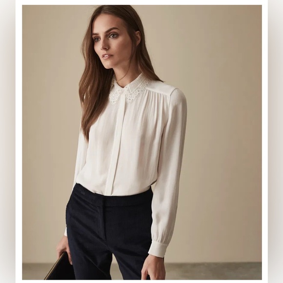 Reiss Tops - Reiss Cream Lace Collar Long-Sleeve Blouse